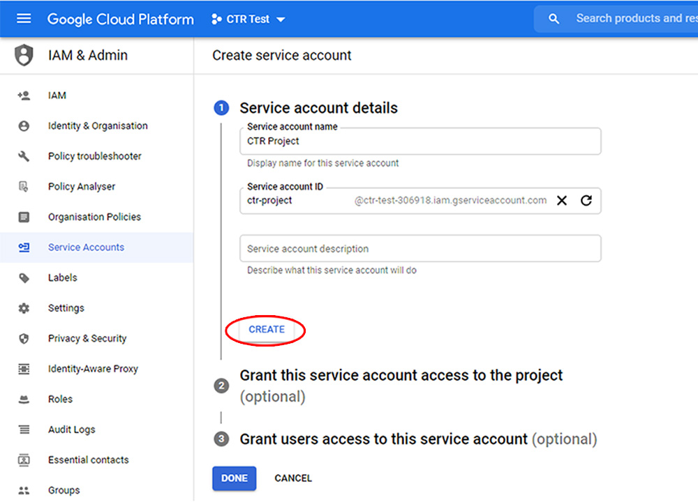 The first step in creating a Service account in the Google Cloud Platform