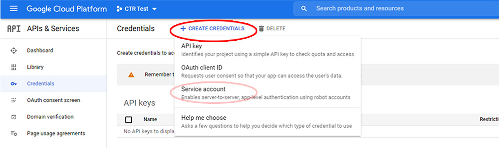 Google Cloud Platform - create credentials