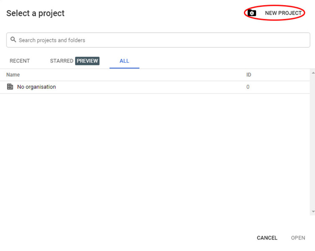Google Cloud Platform - create new project popup